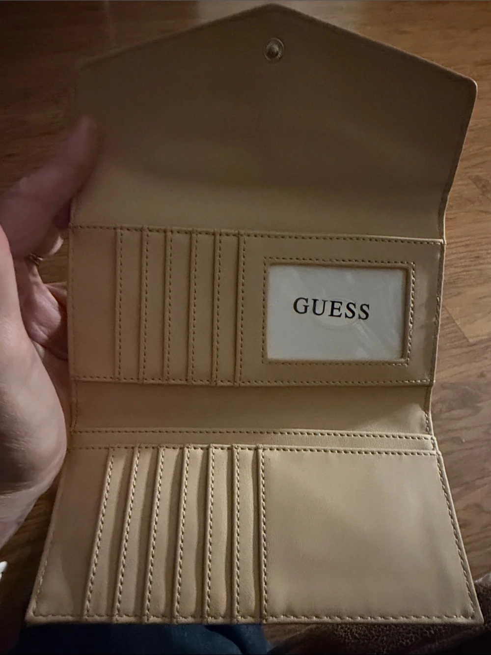 Guess Logo Print Beige Trifold Wallet with Gold Accent